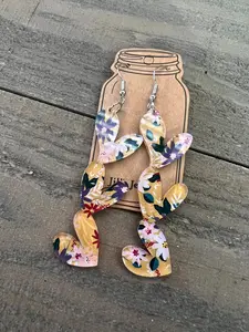 Mustard Floral Acrylic Stacked Heart Cutout Earrings