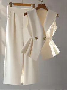 Elegant Women's Sleeveless V-Neck Cardigan and Half Skirt Set, Casual Office Wear, Fashionable Two-Piece, Daily Commute Style