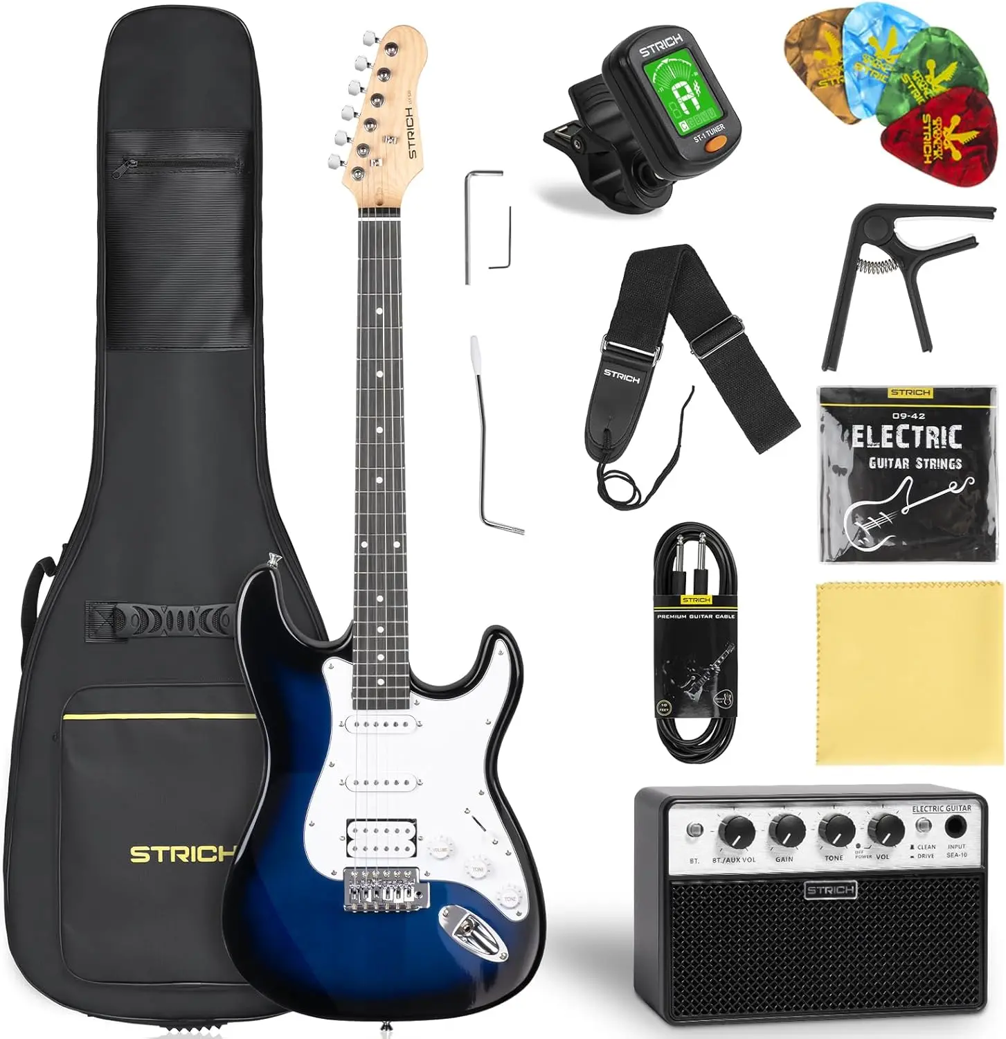 STRICH 39" Solid Body HSS Pickup Electric Guitar Beginner Kit, Midnight Blue Burst (SST-S20) - Includes 5W x 2 Amplifiers, Bag, Tuner, Capo, Strap, Strings, Cable, Picks for Starters
