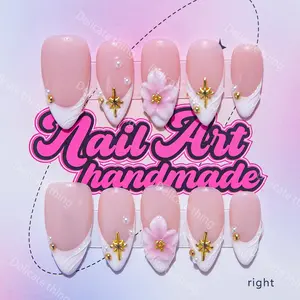 Delicatething Y2K Style Nail Art Set, Nail Art Kit, Handmade Nails with 3D Gold Beads & French Design, Includes Adhesive Gel, Perfect Gift for Women