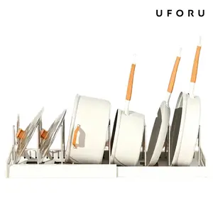 UFORU expandable pot and pan storage rack, adjustable metal divider slots, pull-out cabinet organizer, multifunctional cookware and baking tray holder,wood-grip kitchen storage rack, a perfect gift for others summerwins,dealsforyou#SummerWins