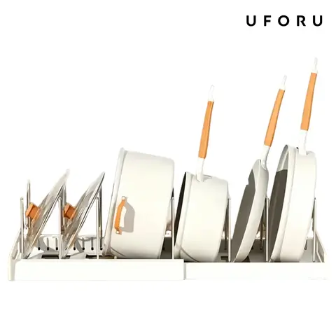 UFORU expandable pot and pan storage rack, adjustable metal divider slots, pull-out cabinet organizer, multifunctional cookware and baking tray holder,wood-grip kitchen storage rack, a perfect gift for others s,