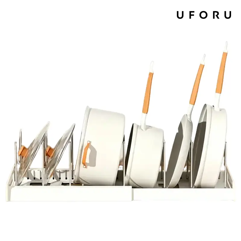 UFORU expandable pot and pan storage rack, adjustable metal divider slots, pull-out cabinet organizer, multifunctional cookware and baking tray holder,wood-grip kitchen storage rack, a perfect gift for others s,