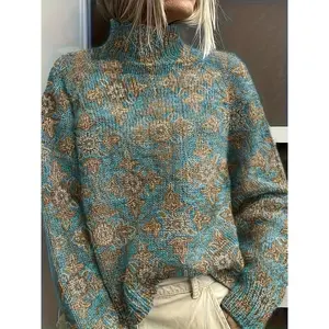 Women's Elegant Turquoise & Golden Floral Print Turtleneck Sweater - Soft Warm Winter Pullover with High Neck, All-Over Intricate Pattern, Versatile Casual to Formal Outfits, Cozy Sweater for Autumn & Winter, Hand Washable Luxury Sweater for Women