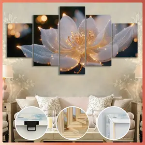 2D flat 5-piece wooden framed canvas, fluorescent lotus image, patterned art home decoration, for living room, bedroom, office, bar, high-quality waterproof painting, high-definition artwork