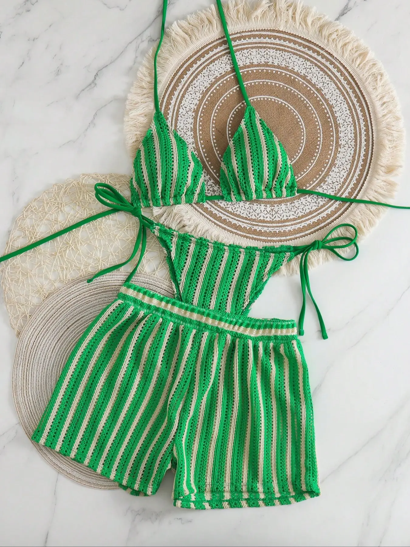Striped Mesh Three-Piece Tie-Back Halter Bikini Swimsuit, Sexy Slim-Fitting Swimwear Set for All Seasons, Bikini Sets