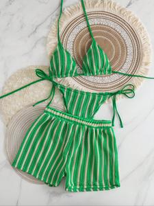 New Thong Mesh Three-Piece Bikini Set, Tie Back Halter Swimsuit, Sexy Slim-Fitting Striped Swimwear for All Seasons