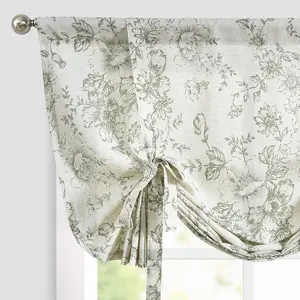 Tie Up Valance Curtain Floral Linen Valance for Farmhouse Window 45 Inch Botanical Short Adjustable Window Treatment Light Filtering 1 Panel Sage Green for Kitchen Living Room
