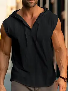 Summer Men's Tank Top, European Style Drawstring Hooded Pullover, Lightweight Breathable Sportswear, Soft Material, Ideal for Outdoor Activities