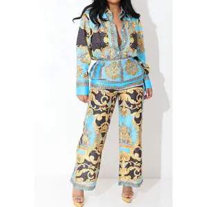 Print Satin Long Sleeve Tops & Pants Set