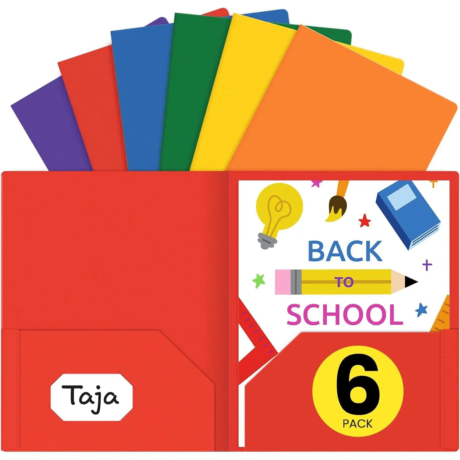 Taja Plastic Folders with Pockets (6 Pack, Assorted Bright Colors), 2 Pocket Folders with Business Card Slot, Heavy Duty, Fit Letter Size Documents, Perfect for School, Office & Business