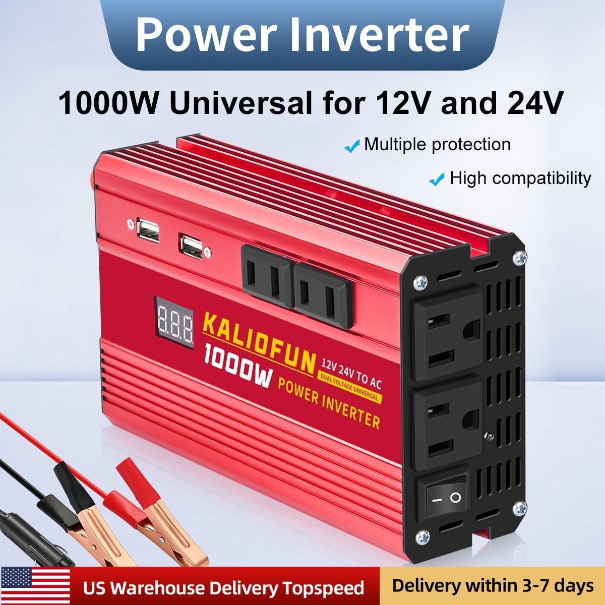 KALIOFUN 1000W Power Inverter Dual Voltage 12V/24V to AC 110V Universal for Camping with Overload Protection & Multiple USB Ports