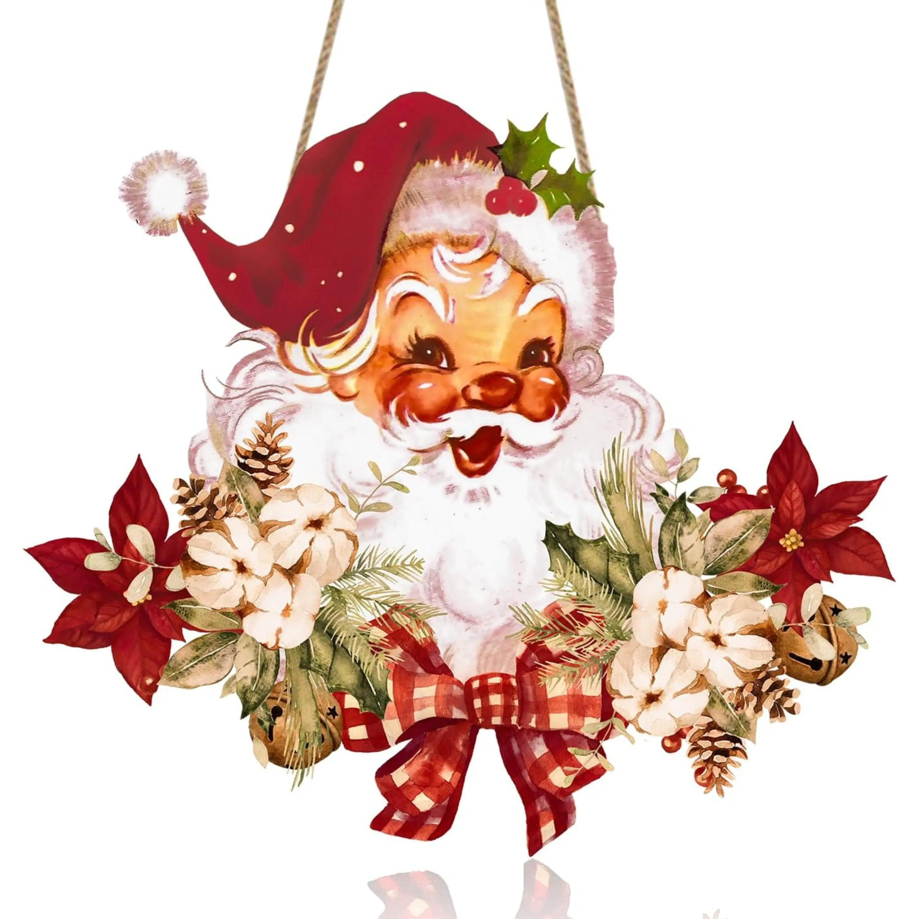 Christmas Hanging Wooden Sign, Vintage Santa Claus Welcome Door Sign, Rustic Xmas Wall Hanging Decor for Front Door, Indoor & Outdoor Holiday Party Decoration