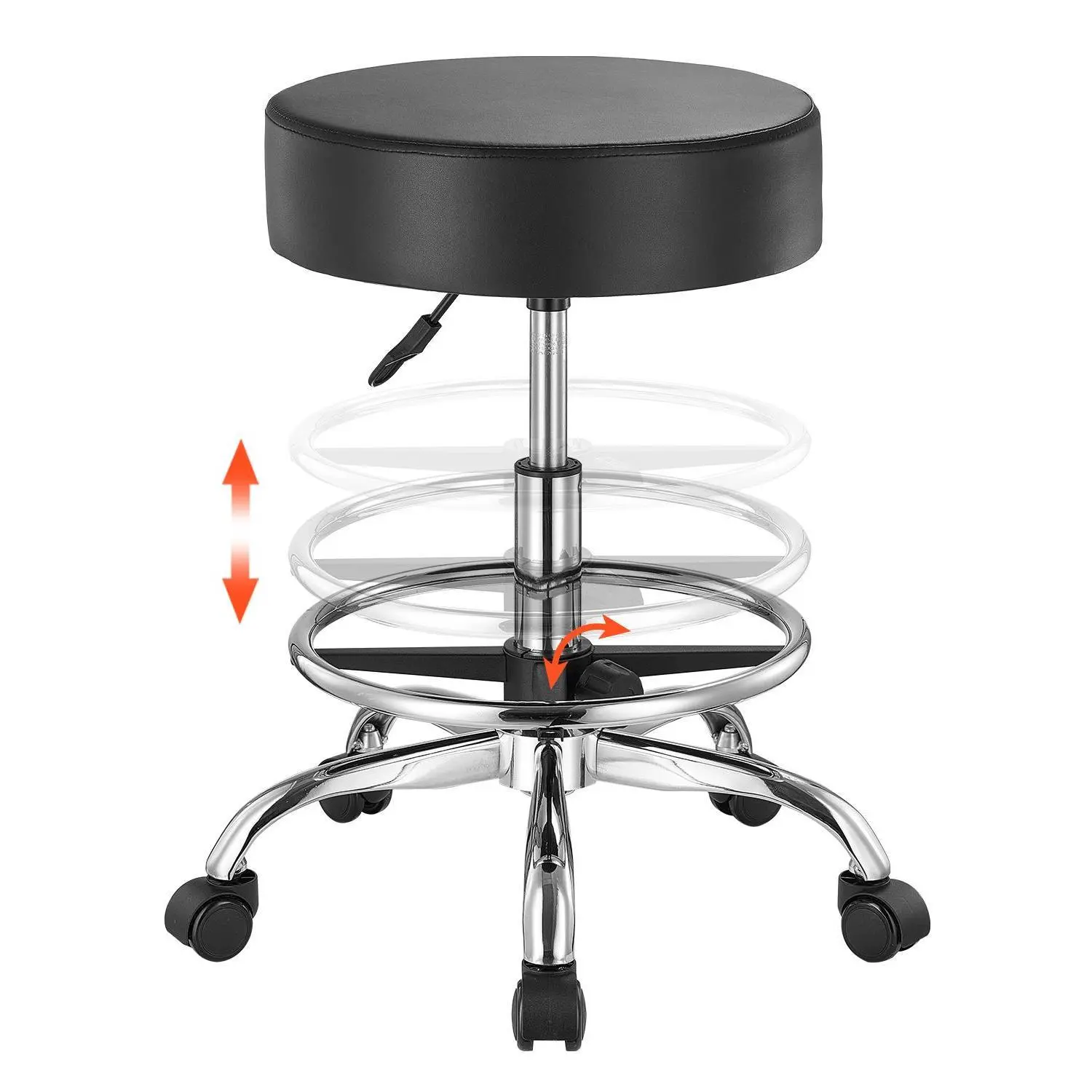 【SummerFinds】VEVOR Rolling Stool with Foot Rest and Wheels,  , 450 LBS Weight Capacity Round Rolling Stool Chair, Height Adjustable Thickened PU Leather Swivel Stool for Salon, Spa, Massage, Tattoo, Clinic, Black