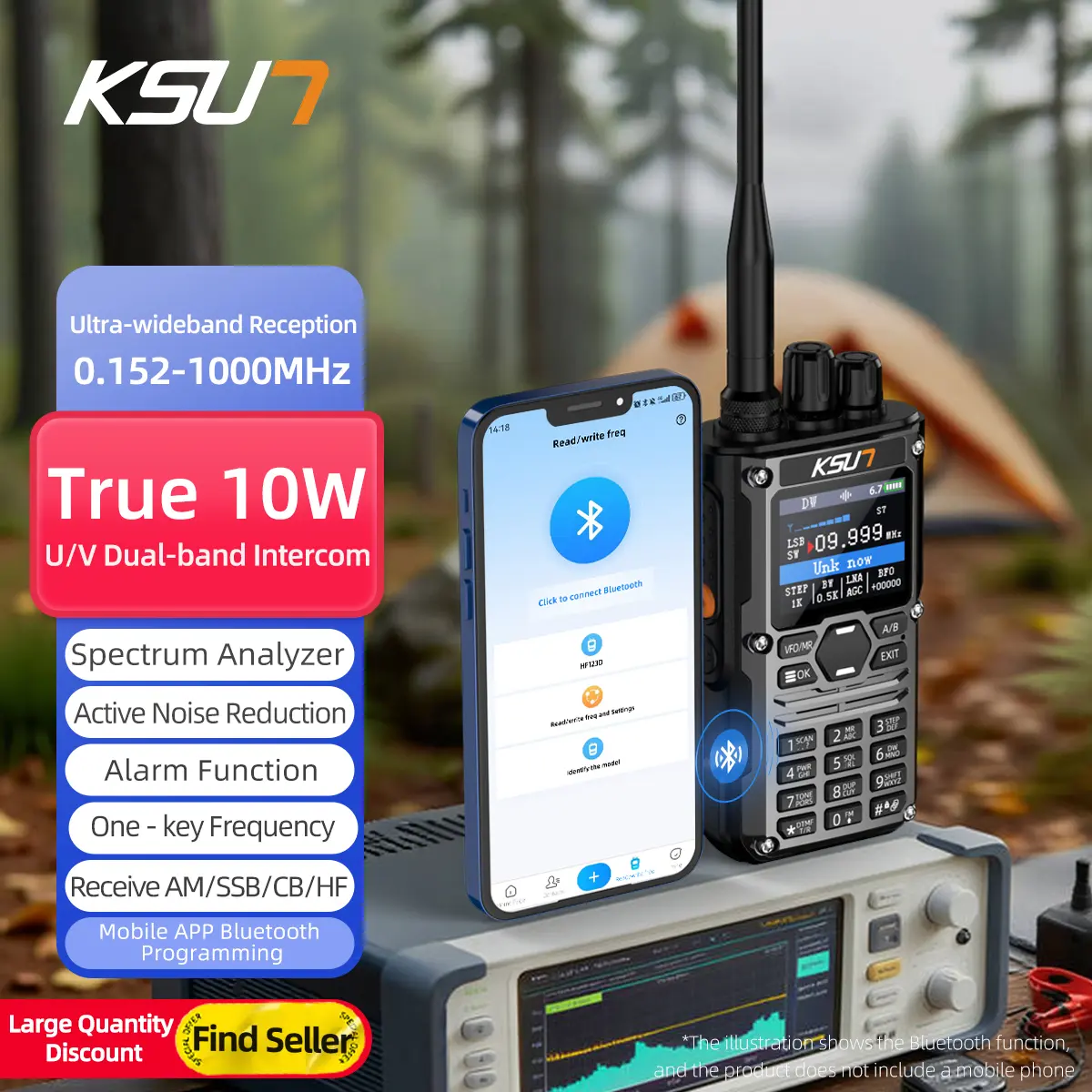 KSUN Battery-Powered Handheld Ham Radio with Audio, CB SSB HF, Smart APP Programming Screen, Bluetooth, Blue/Red Shortwave Antenna, Portable for Hiking, Rescue (1 Pack, HF123D)