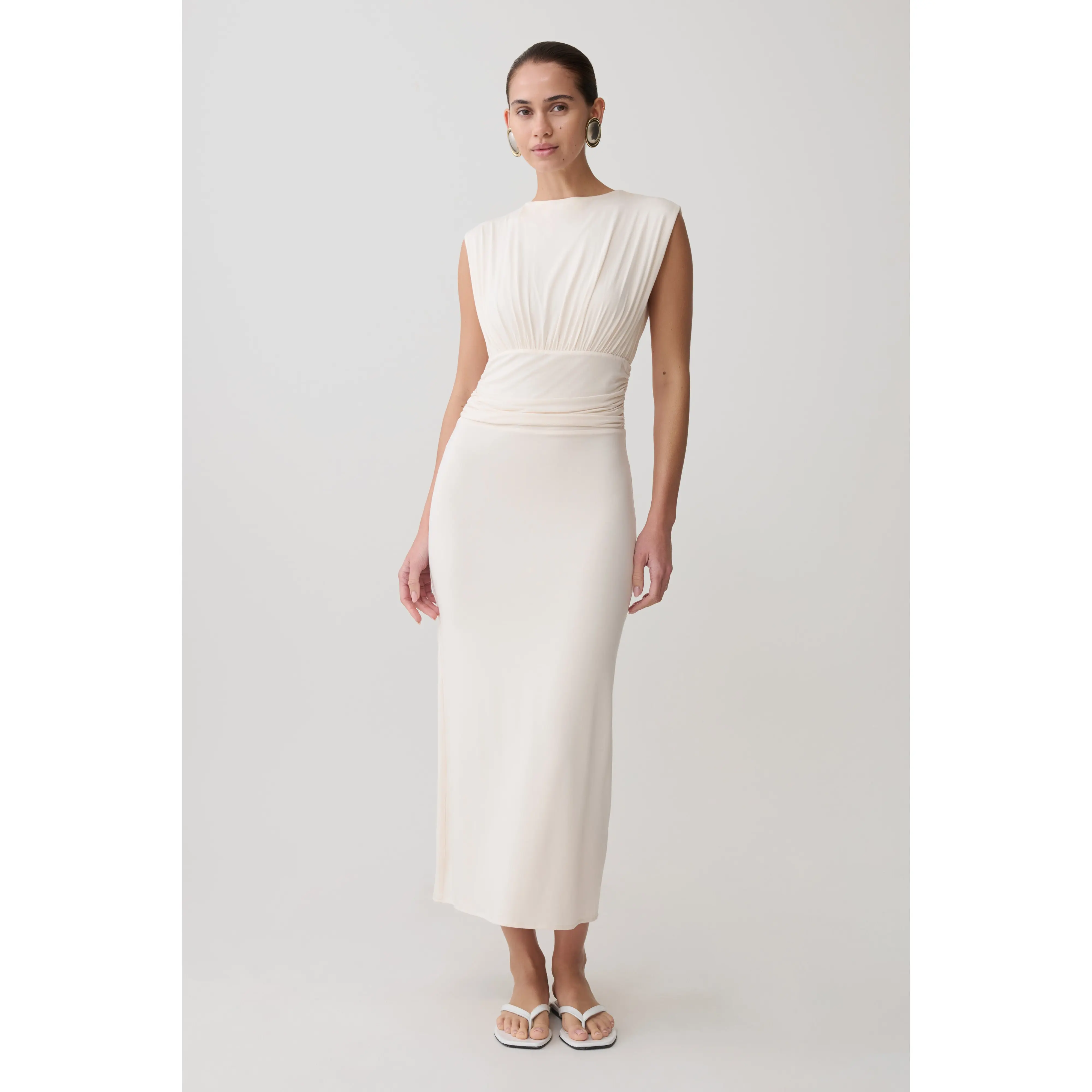 Kura Ruched Modal Sleeveless Midi Dress - Ivory
