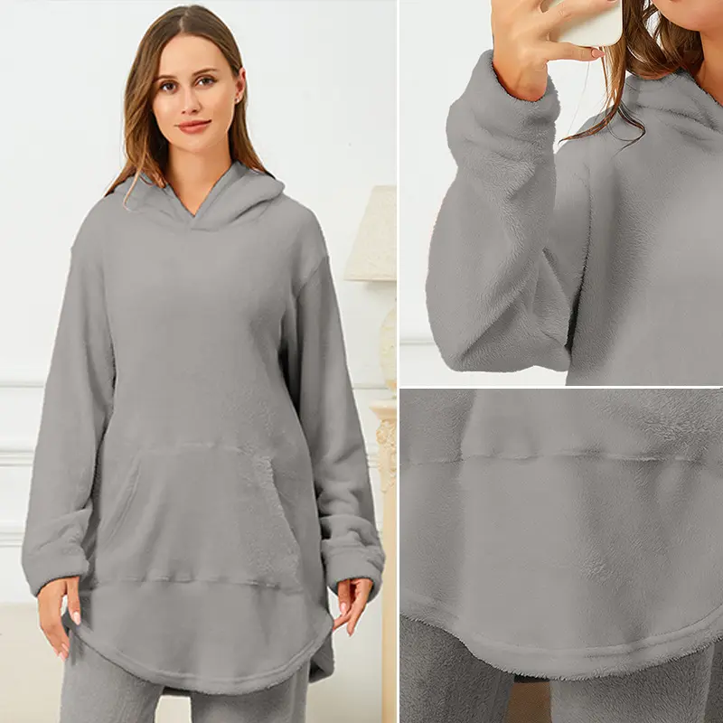 Loose Hooded Loungewear, Lamb Wool Fleece Fabric Home Wear, Women's Fluffy Pajamas, Hooded Pullover Long Sleeve Top Womenswear Sweatshirts night gown women Fit Day Minimalist Style Basic Casual Grey