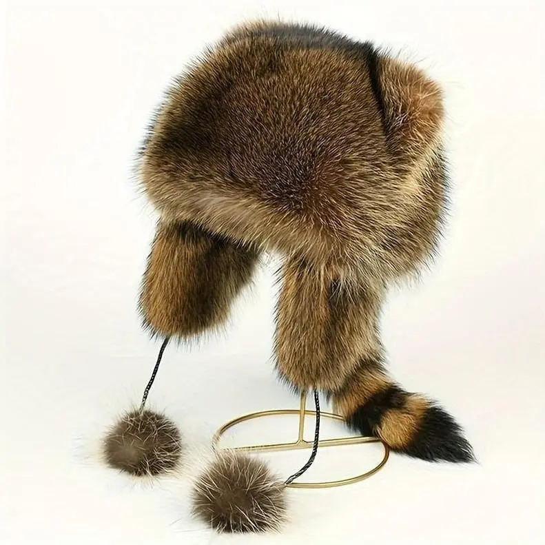 Real Rabbit Fur Winter Hat with Raccoon Tail Unisex Retro Cozy Leifeng Ladies Raccoon Plush Hat Soft Velvet Ear Defenders  main image 4