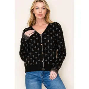 Women's Glitter Diamond Long Sleeve V-Neck Button Down Cardigan, Black | Staccato - fancy love shack