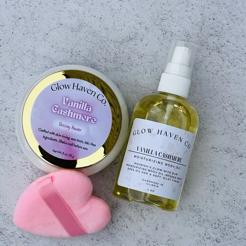 Glow Haven Co. Vanilla Cashmere Body Oil + Dusting Powder Set | Warm Vanilla & Cashmere Musk Scent | Long-Lasting Gourmand Bundle Shea Fragrance
