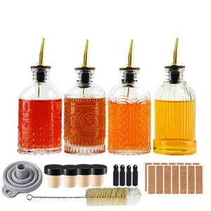 SC055 Syrup Dispenser Bottles Set - 4 Pack 7 Oz Glass Bottles with Metal Pour Spout & Labels, Silicone Funnel & Bottle Brush, Lead-Free Glass