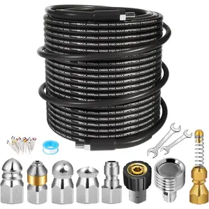 110FT Sewer Jetter Kit for  Washer, 5800PSI Drain Cleaner Hose 1/4 Inch NPT Corner, Rotating Button and Spray Sewer Jetting Nozzle, Water Jet Drain Cleaner Spanner Tape  Corsage Pin