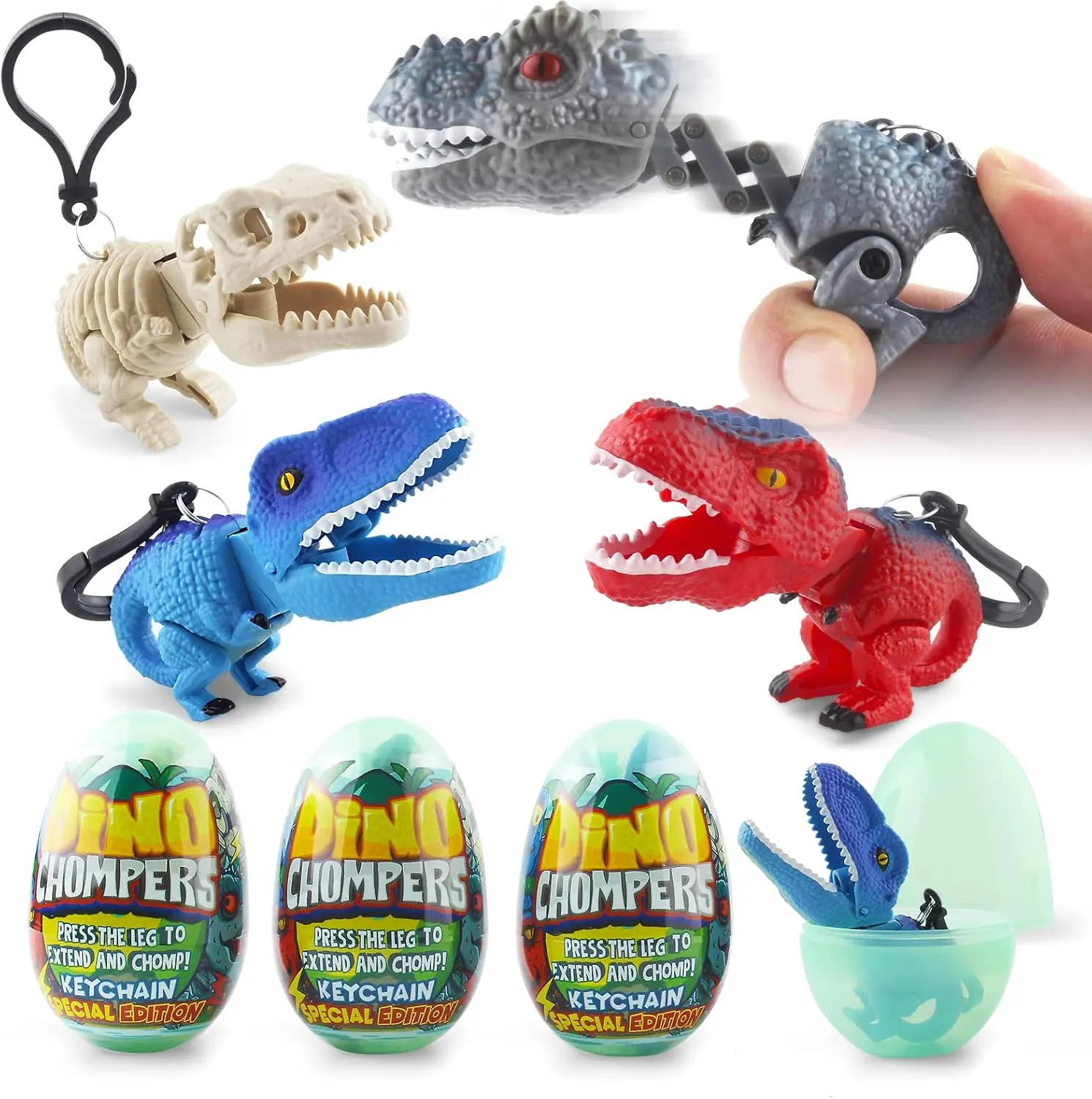 Prefilled Easter Eggs with Dinosaur Toys, 4 Surprise Eggs - Easter Basket Stuffers, Dino Chomper Birthday Party Favors for Kids