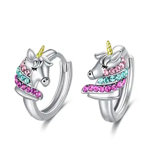 Unicorn Hoop Earrings 925 Sterling Silver with Pastel Rainbow Crystals, Mother's Day Gift for Daughter & Girls, Cute Animal Jewelry