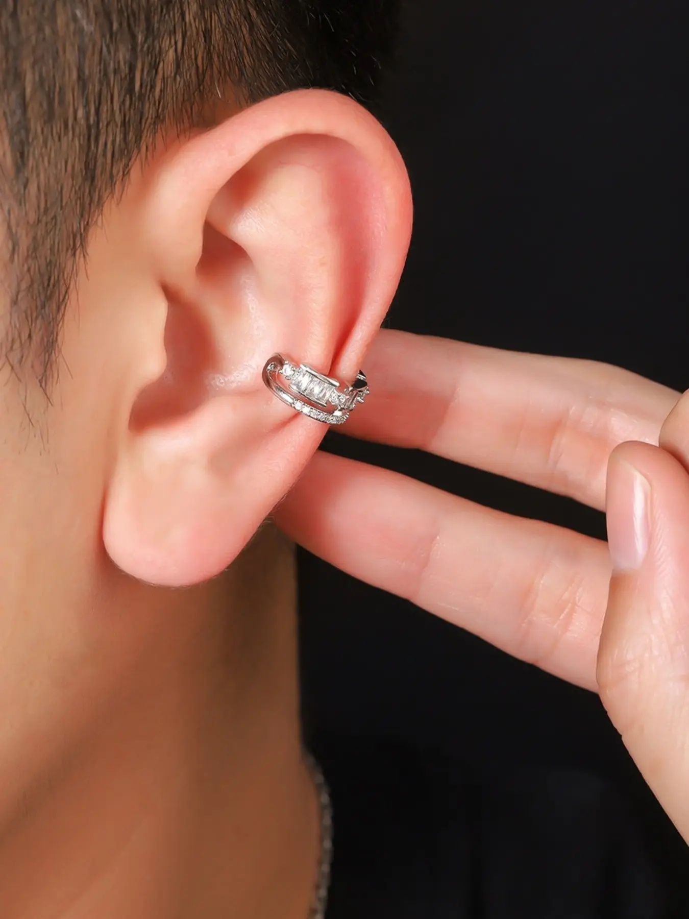 Double Layer Zircon Ear Cuff, Ear Cuffs Non Piercing Silver Color, Unisex Luxury Earrings, Lightweight Fashion Jewelry for Men and Women