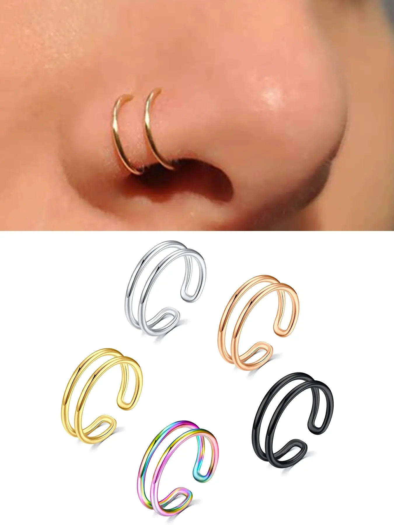 Fake Nose Ring Hoop, Fake Earrings, Body Jewellery, Small Fake Lip Rings Hoop, Fake helix Hoop Stainless Steel Faux Nose Ring Piercing For Women Silver Gold Black Non Piercing Nose Rings Clip On Nose Ring Fake Doouble Nose Ring Jewelry For Women