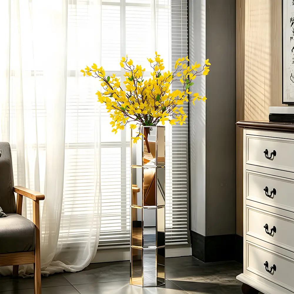 28 Inches Tall Floor Vase, Mirror Silvery Large Flower Vases for Home Decor, Mirrored Glass Decorative Modern Vase for Living Room Office Centerpiece
