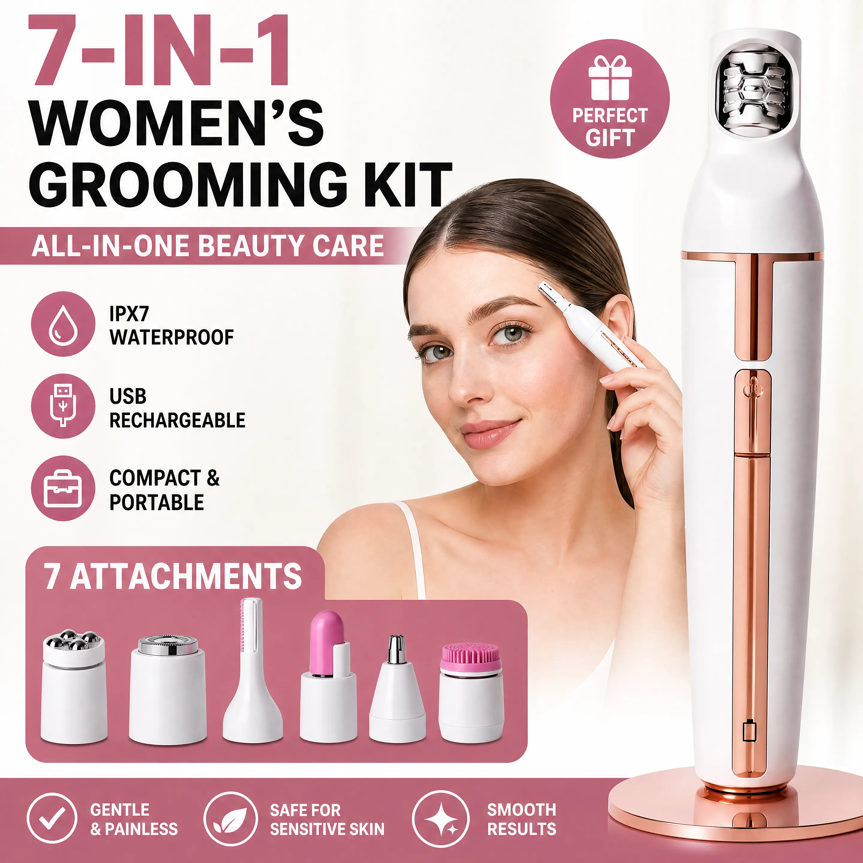Women's Base & Bloom 7-in-1 Hair Remover & Facial Care Kit Pack - Painless Eyebrow Trimmer, Face Cleansing Brush, Massager, Dermaplaning Wand for Facial Skin with Built-in Cells