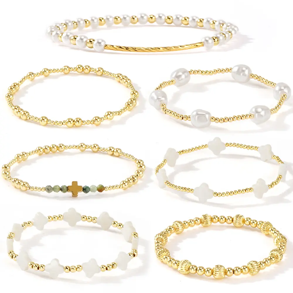 SHINUS Women's Boho Style Jewelry 7PCS Stackable Bracelets Set - Handmade Gold-Plated Cross, Clover, Pearl Beaded Stretch Bangles, Fashion Costume Jewelry Accessories, Teen Girl Gifts