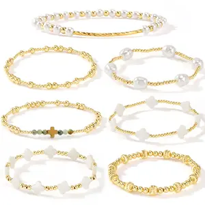 Shinus Boho 7PCS Dainty Cross Clover Pearl Beaded Stretch Bracelet Set for Women Handmade Boho Gold Plated Beads Stack Fashion Birthday Prom Jewelry Friendship Gift for Her