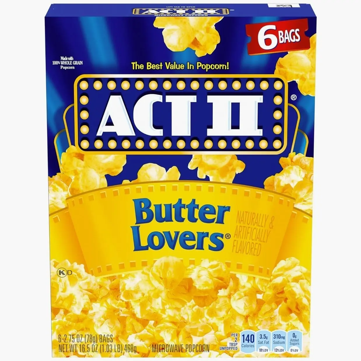 Act II Butter Lovers Microwave Popcorn, 2.75 oz, 6-Count Bags