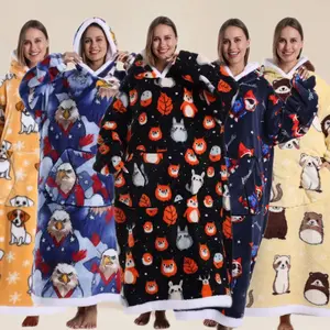 Long Cute Casual Full Print Hooded Blanket Jacket, Large Pocket, Unisex, Multiple Prints, Fall Winter Essential