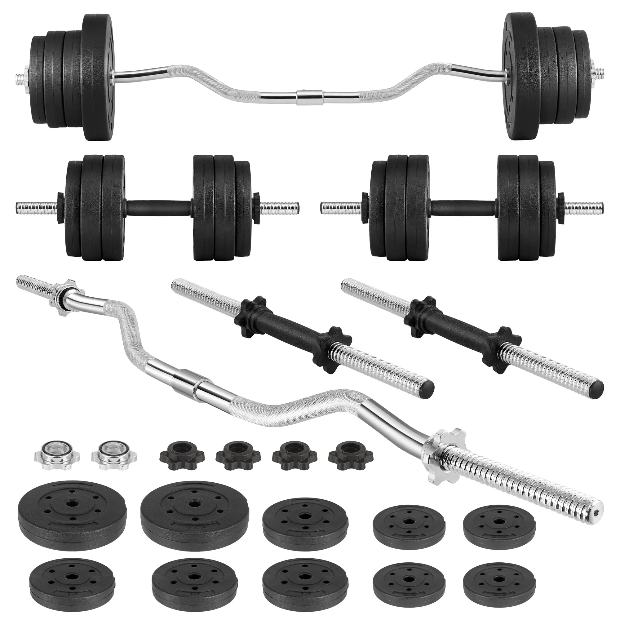 2-in-1 Adjustable Dumbbell and Kettlebell Set 25/45/70lbs, Home Gym Weight System with Barbell Connector for Full Body Workout for Beginners, Resistance Training, Adjustable Weights, Home Gym Equipment, Collars, 45Lbs, Strength Train, Barbell-Like Bar, Co