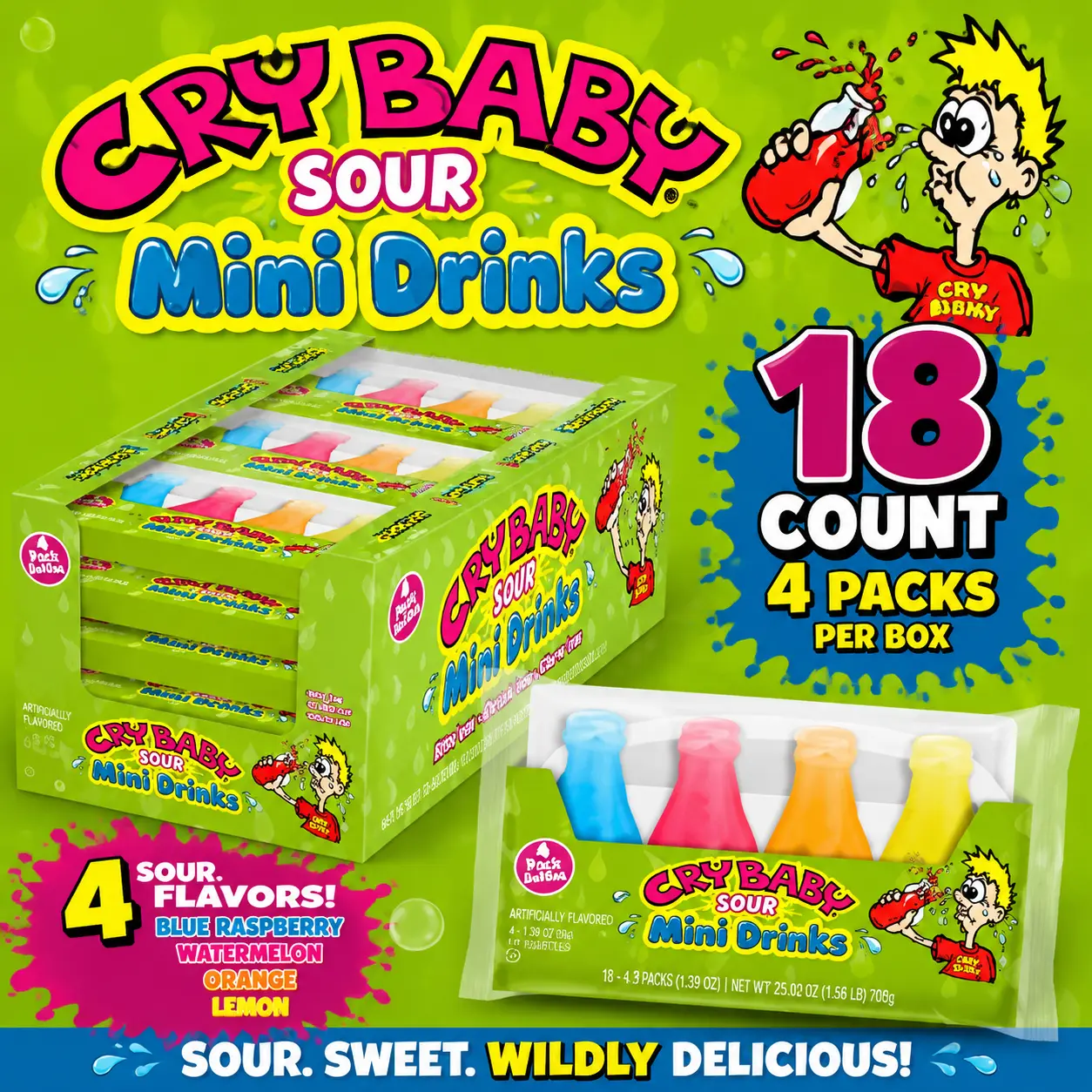 Cry Baby Sour Mini Drink Candy 18 Count  4 Pack Sour Liquid Candy Drinks | Fun Sweet & Sour Party Treats & Novelty Candy