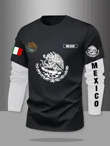 Men's Sporty Long Sleeve T-Shirt, Fitted Round Neck Design, Snake Letter Pattern, Comfortable Street Style, Spring & Fall Fashion, Athletic T Shirt