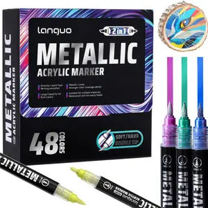Acrylic Paint Metallic Markers, Automatic ink control Dual Tip (Brush & Fine)for Black Paper & Rock Painting Metallic Acrylic Paint Markers for DIY Crafts, Scrapbooking, Glass, Wood