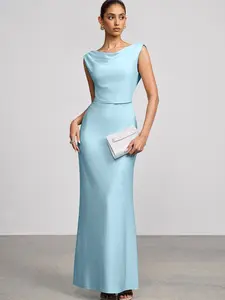 Azazie Althea Cape Neckline Open Back Mermaid Wedding Guest Party Glossy Knit Maxi Dress