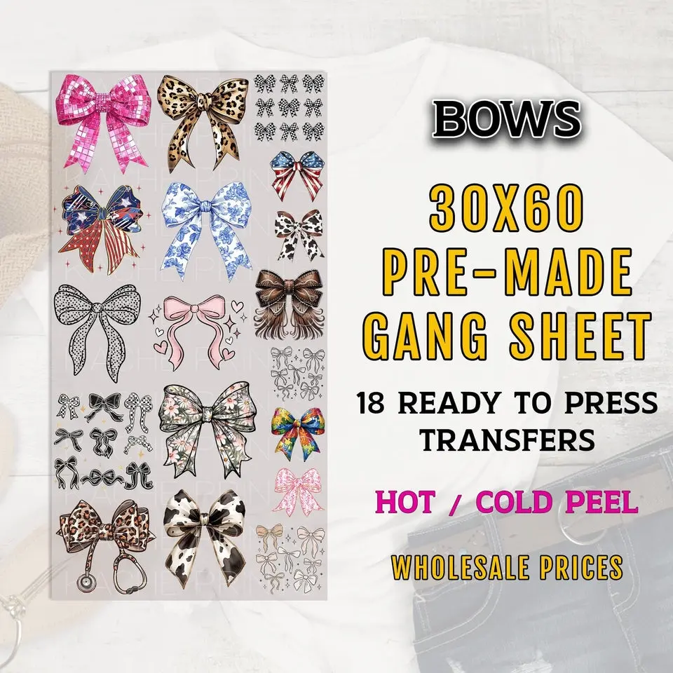 Bow Gang Sheet, Coquette Bow DTF Transfer, DTF Transfer Ready For Press, Bow DTF Prints, Heat Transfers, Coquette Prints, Coquette Dtf Print