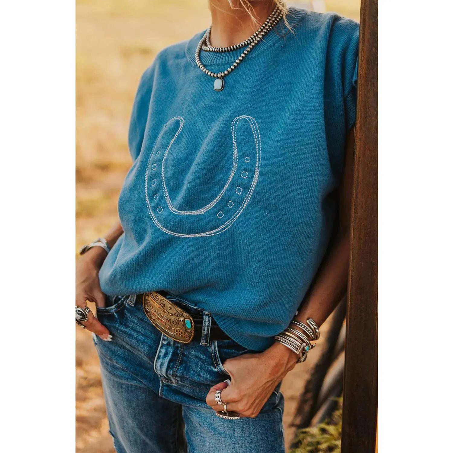 Light Blue Horse Shoe Embroidered Loose Short Sleeve Sweater