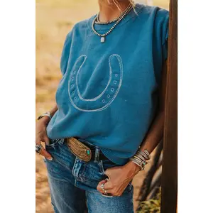 Light Blue Horse Shoe Embroidered Loose Short Sleeve Sweater
