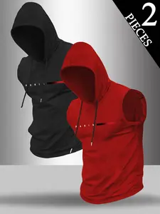 Men's 2-Pack Letter Pattern Print Hooded Sleeveless T-Shirt, Casual Comfortable Hoodie Vest, Summer Outdoor Fitness Wear Athleisure