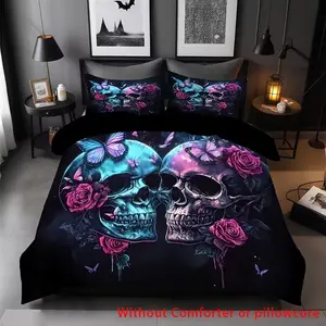 Valentine's Day Couple Skull and Rose Print Decorative Duvet Cover Set, Soft Comfort, Includes 1 Duvet Cover + 2 Pillowcases, Home Decor