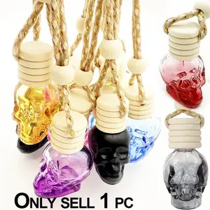 Skull Shaped Hanging Car Air Freshener Bottle, Decorative Refillable Aromatherapy Diffuser with Woven Rope, Unique Car Decor for Interior