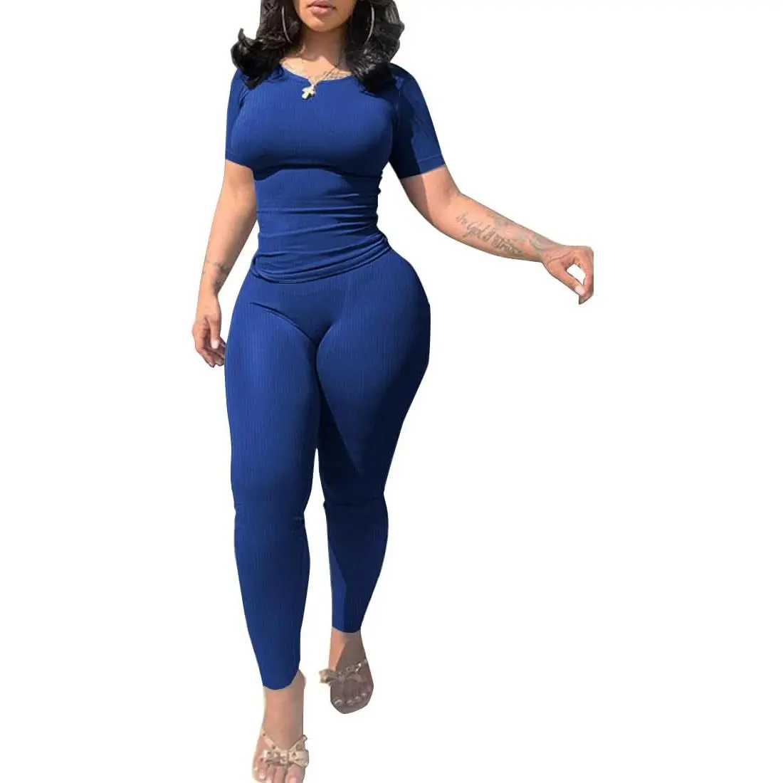 Women's 2-Piece Workout Set in Solid Cotton, Casual Crew Neck T-Shirt and High-Waisted Pull-On Leggings for Streetwear, Workout Sets Women
