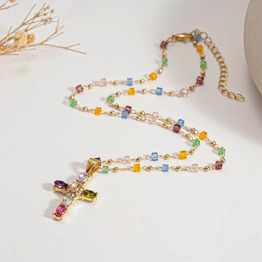 Rainbow Cross Pendant Necklace, Dainty Multicolor Faith Jewelry, Y2K Vintage Style for Women & Girls outdoorfun