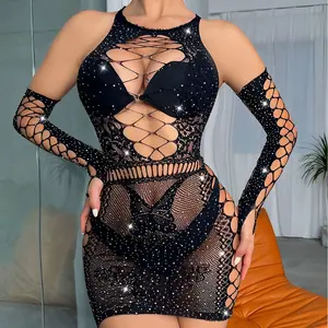 SultrySilX Mesh Bodycon Dress - Chic Fishnet Hollow-Out Design with Rhinestone Detailing, Long Sleeves, Elegant Style & Comfortable Fit for Womenswear Bodysuit Bridal